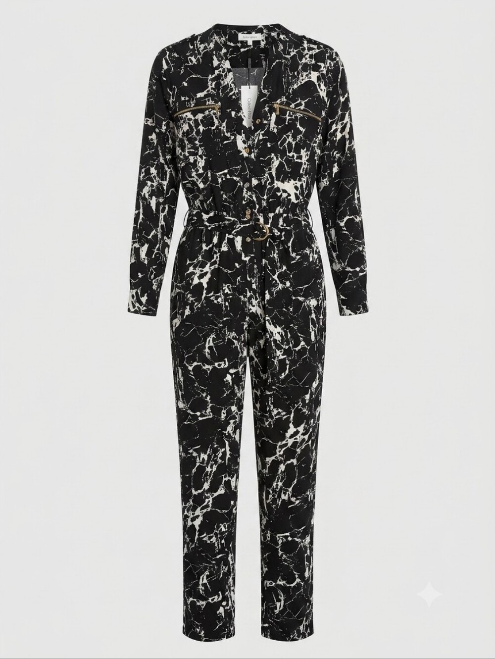 Calvin Klein NWT Black & White Marble-Print Long Sleeve Jumpsuit, Size Small